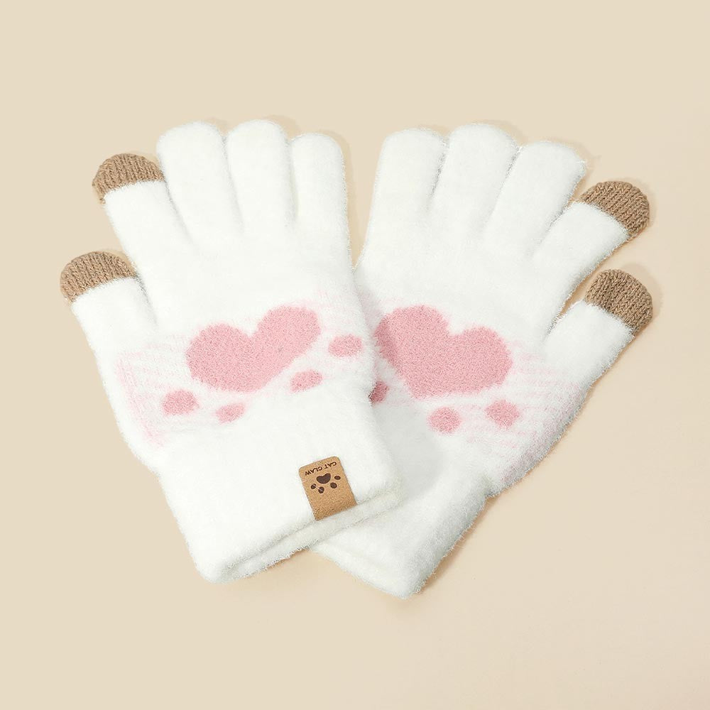 Womens One Size Cat Paw Warm Winter Pointed Gloves Touch Screen Compatible White