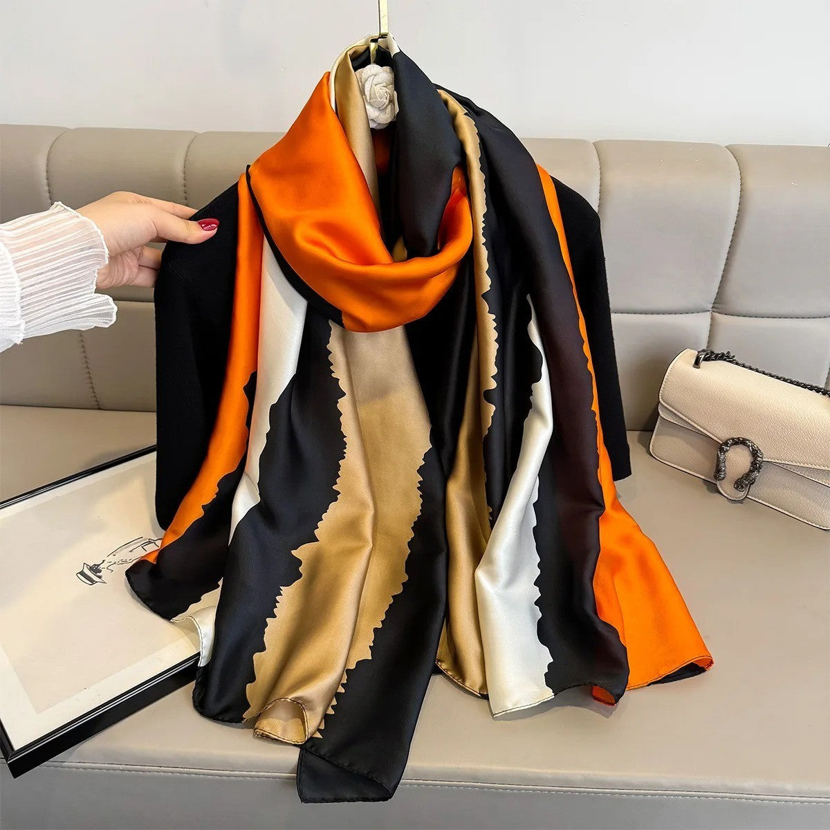 Oversized Silk Feel Scarf Abstract Block Wrap Orange Black Gold 71" x 35"