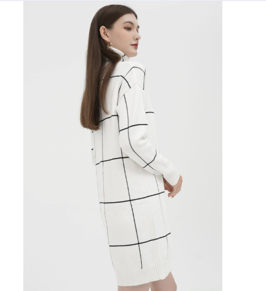 Grid Turtleneck Sweater Dress for Women Winter Knit Dresses for Ladies M-L SIze