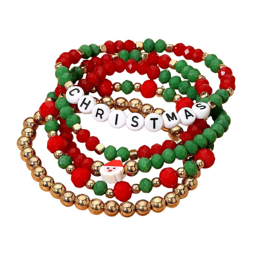4pc Christmas Beaded Bracelet Set Stretch Red Green Gold Santa Letter Charm