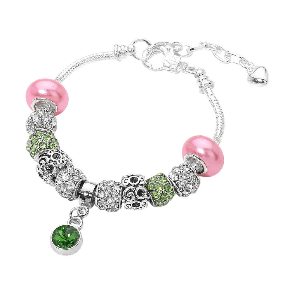 Sparkling Pink & Green Crystal Charm Bracelet Silver Tone Heart Dangle 7" + 2"