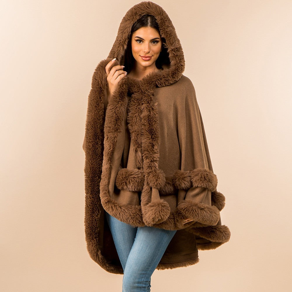 Luxury Brown Faux Fur Trim Hooded Cape Poncho Wrap Tiered Winter Cloak New