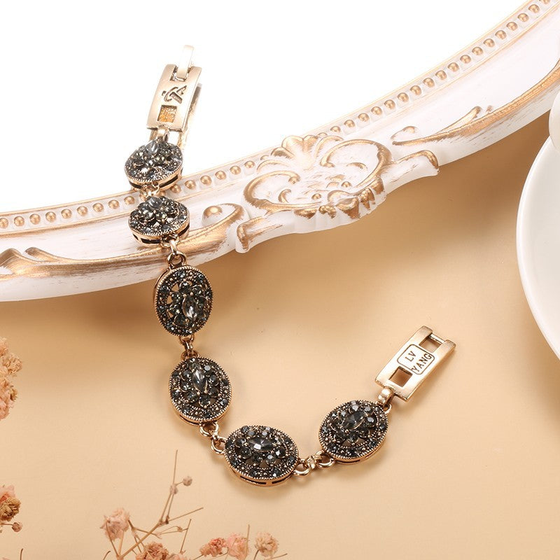 Antique Gold Crystal Flower Turkish Link Bracelet Bohemian Ethnic Jewelry