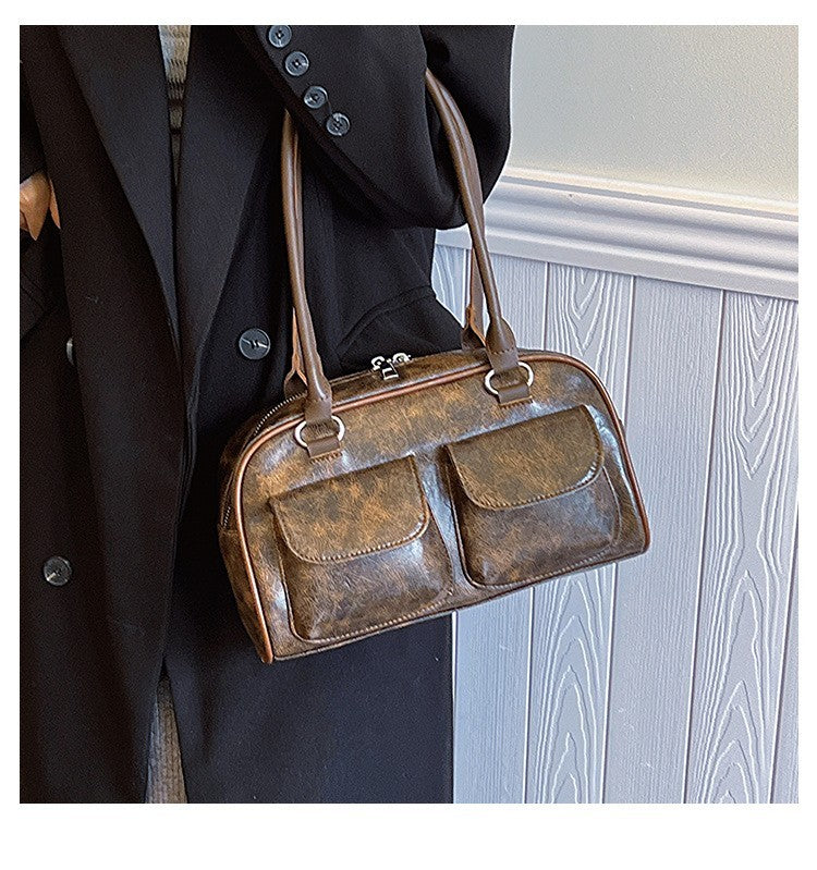 Vintage Y2K Distressed Brown Faux Leather Bowling Bag Double Pocket Shoulder Bag