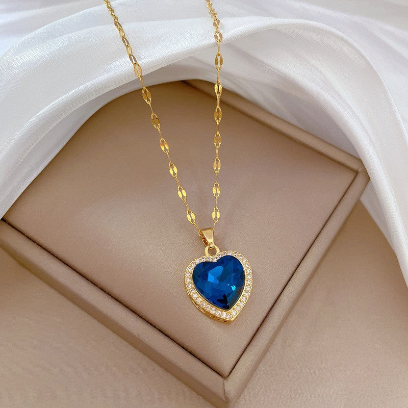 Gold Heart Blue Crystal Pendant Necklace Women’s Jewelry Gift 16" Chain