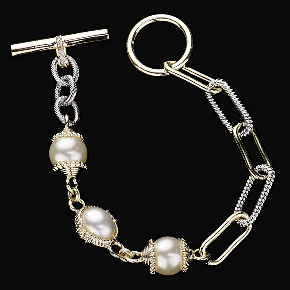 14K Gold Plated Pearl Paperclip Chain Toggle Bracelet with CZ Accents