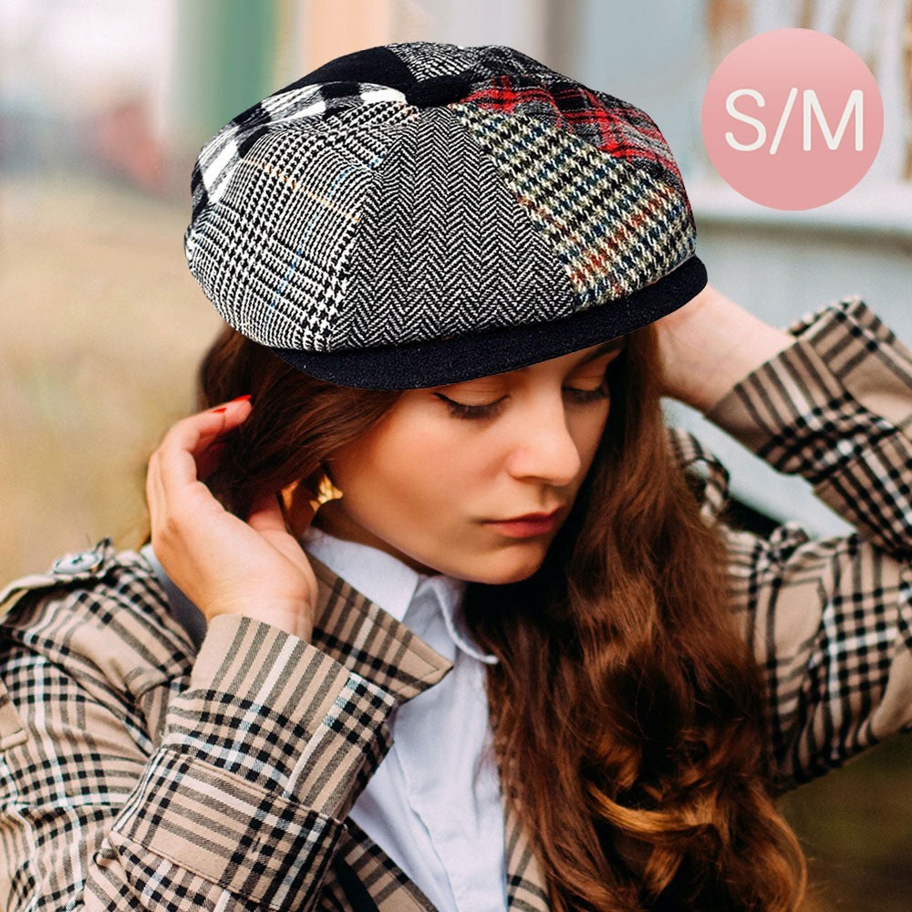 Patchwork Wool Newsboy Cap Multi-Color Plaid Herringbone Gatsby Hat Size S/M