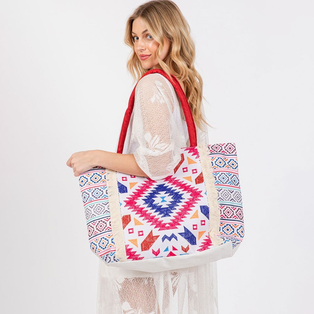 Boho Aztec Print Tote Bag with Fringe Large Canvas Shoulder Bag for Beach