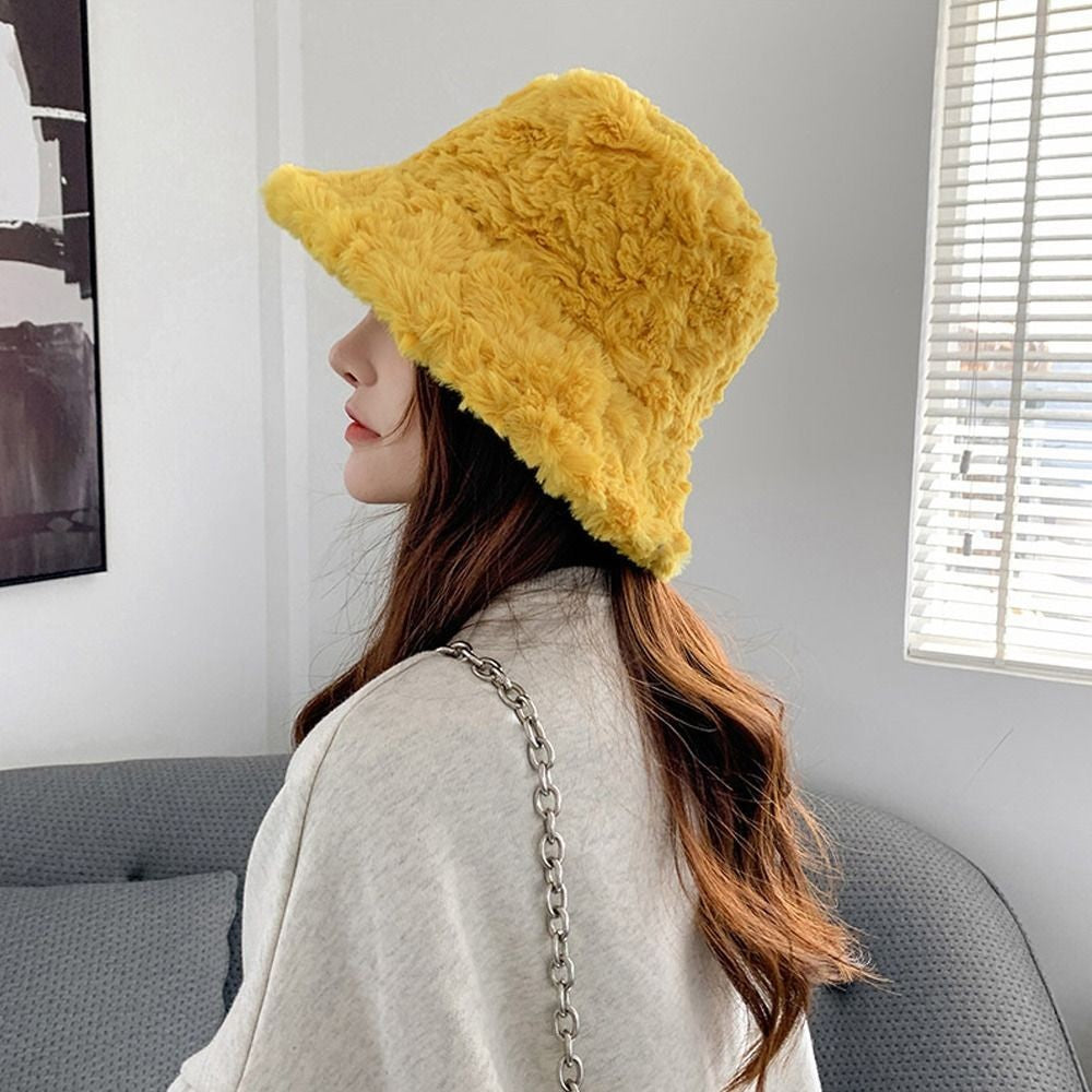Sunny Yellow Faux Fur Fluffy Bucket Hat Cozy Winter Streetwear
