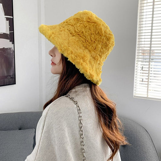 Sunny Yellow Faux Fur Fluffy Bucket Hat Cozy Winter Streetwear