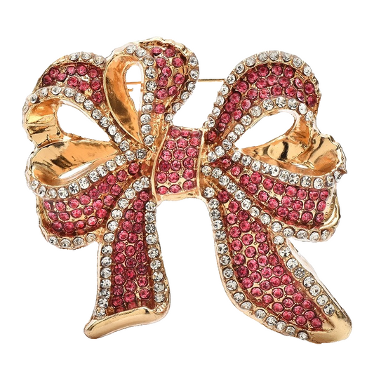 Vintage Style Red Crystal Bow Brooch Pin Gold Tone Rhinestone Statement