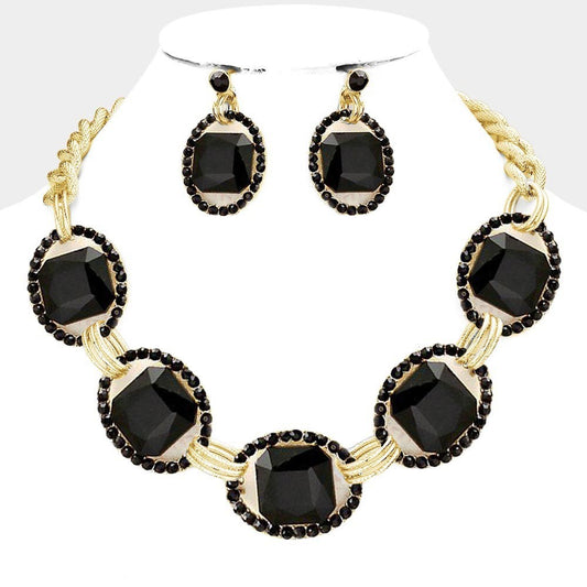 Black & Gold Statement Necklace Earring Set Big Black Stone Crystal Jewelry