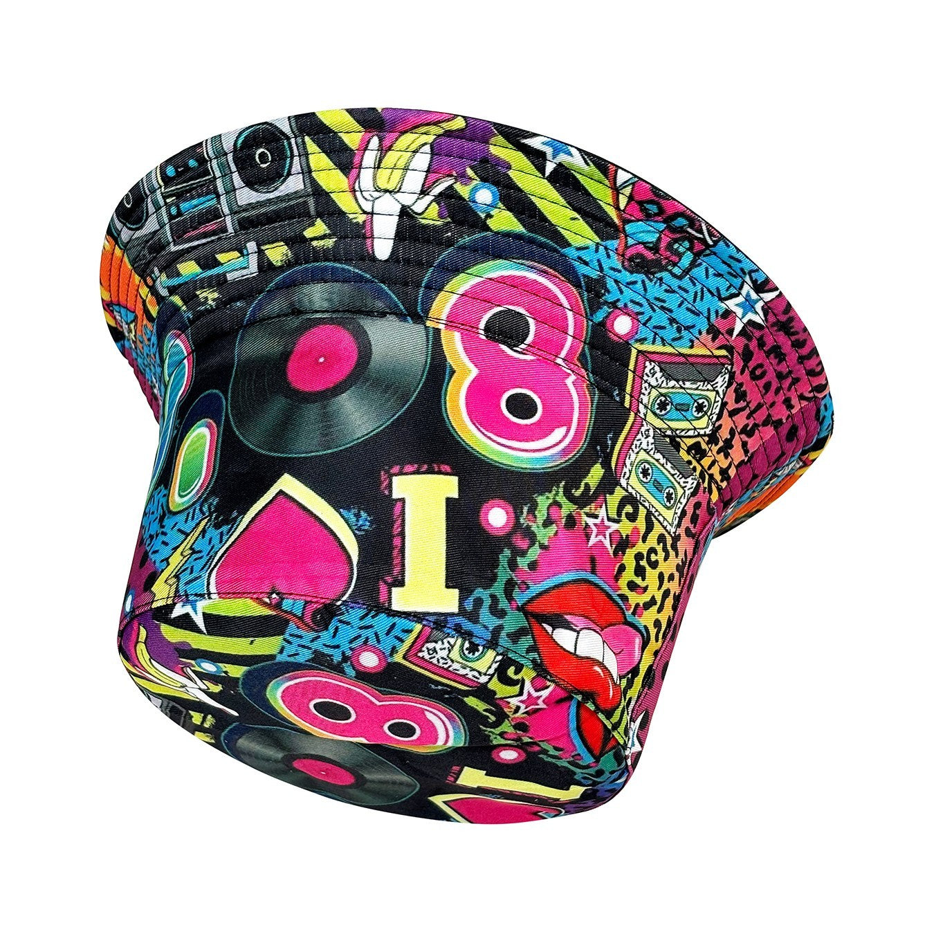 Retro 80s Reversible Bucket Hat Neon Pop Art Festival Sun Cap Black I Heart 80s