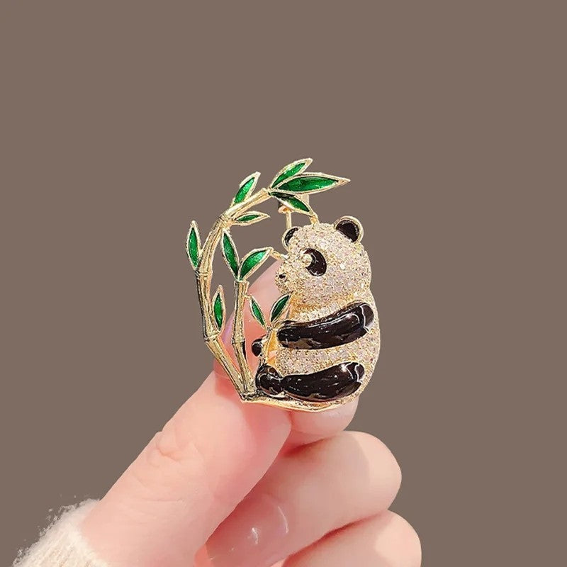 Sparkling Panda Brooch Pin Crystal Rhinestone Bamboo Animal Jewelry Gift Cute