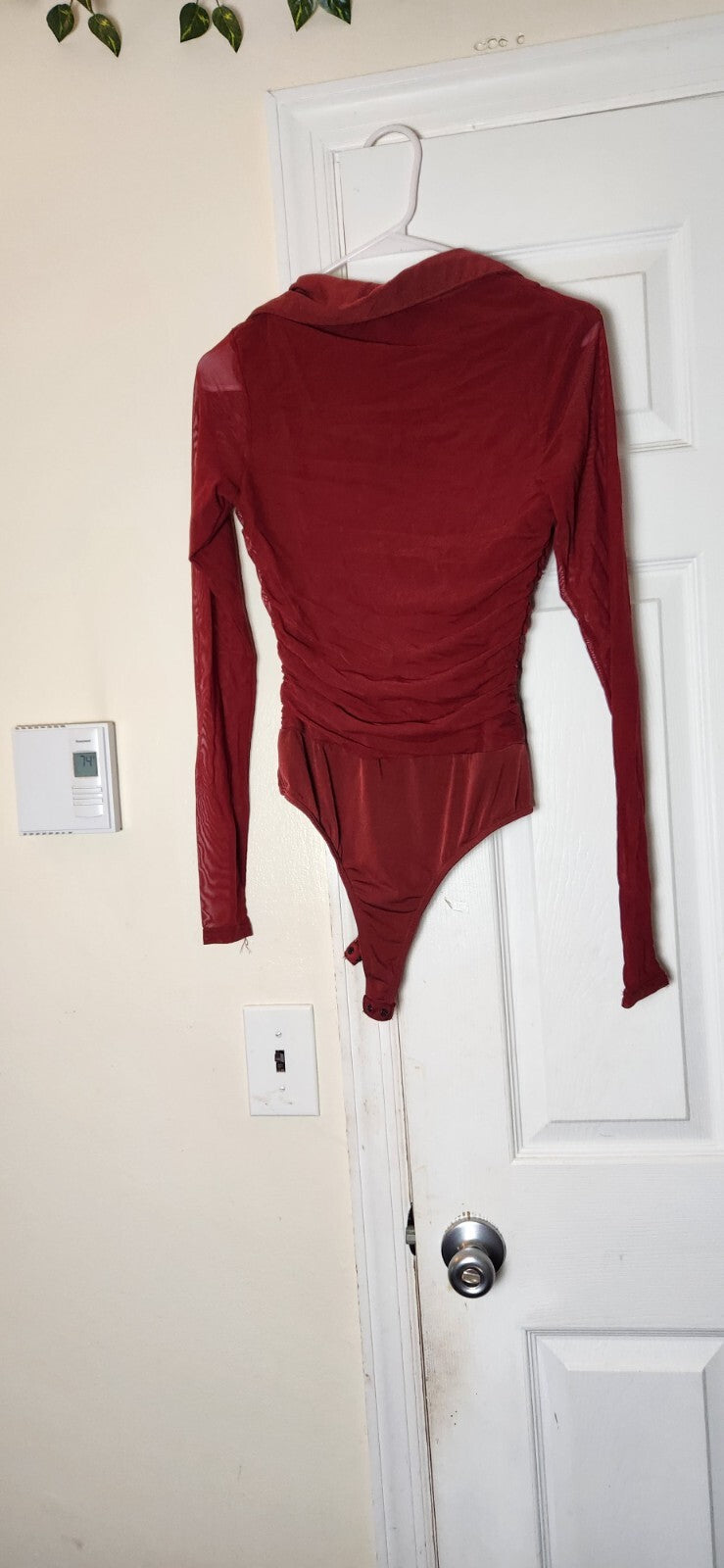 Don't Ruche Love Burgundy Mesh Ruched Long Sleeve Bodysuit for Women Medium