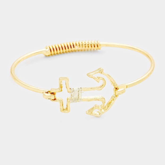 2PCS Gold Tone Anchor Charm Wire Wrap Bangle Bracelet Set Nautical Jewelry