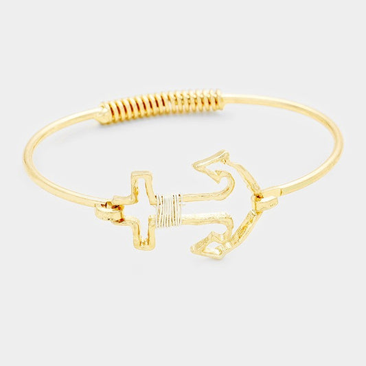 2PCS Gold Tone Anchor Charm Wire Wrap Bangle Bracelet Set Nautical Jewelry