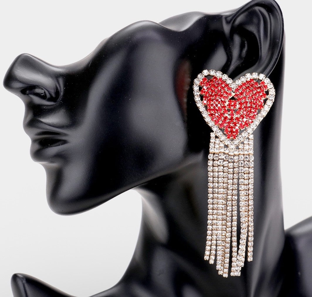 Red Rhinestone Heart Tassel Dangle Earrings - Crystal Fringe Statement