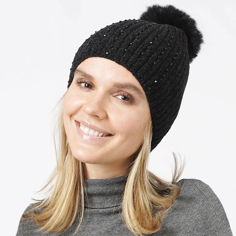2pk Women’s Ribbed Knit Beanie Rhinestone Accents Faux Fur Pom Winter Hats