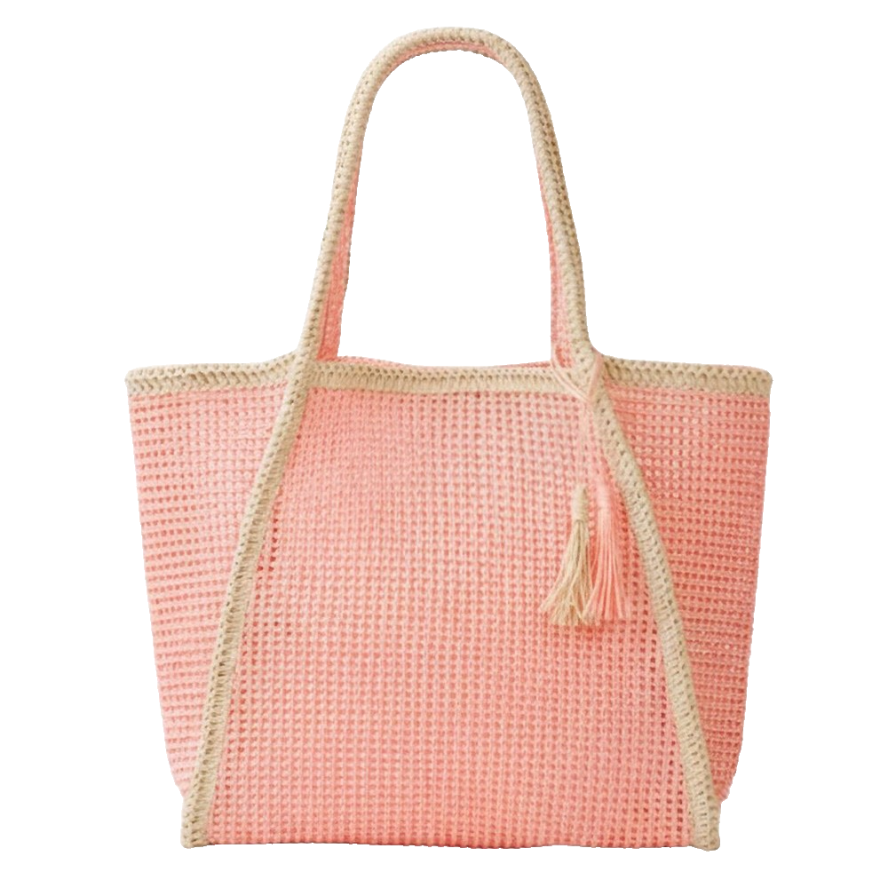 Boho Pink Open Weave Straw Beach Tote Bag with Tassel and Rope Shoulder Straps
