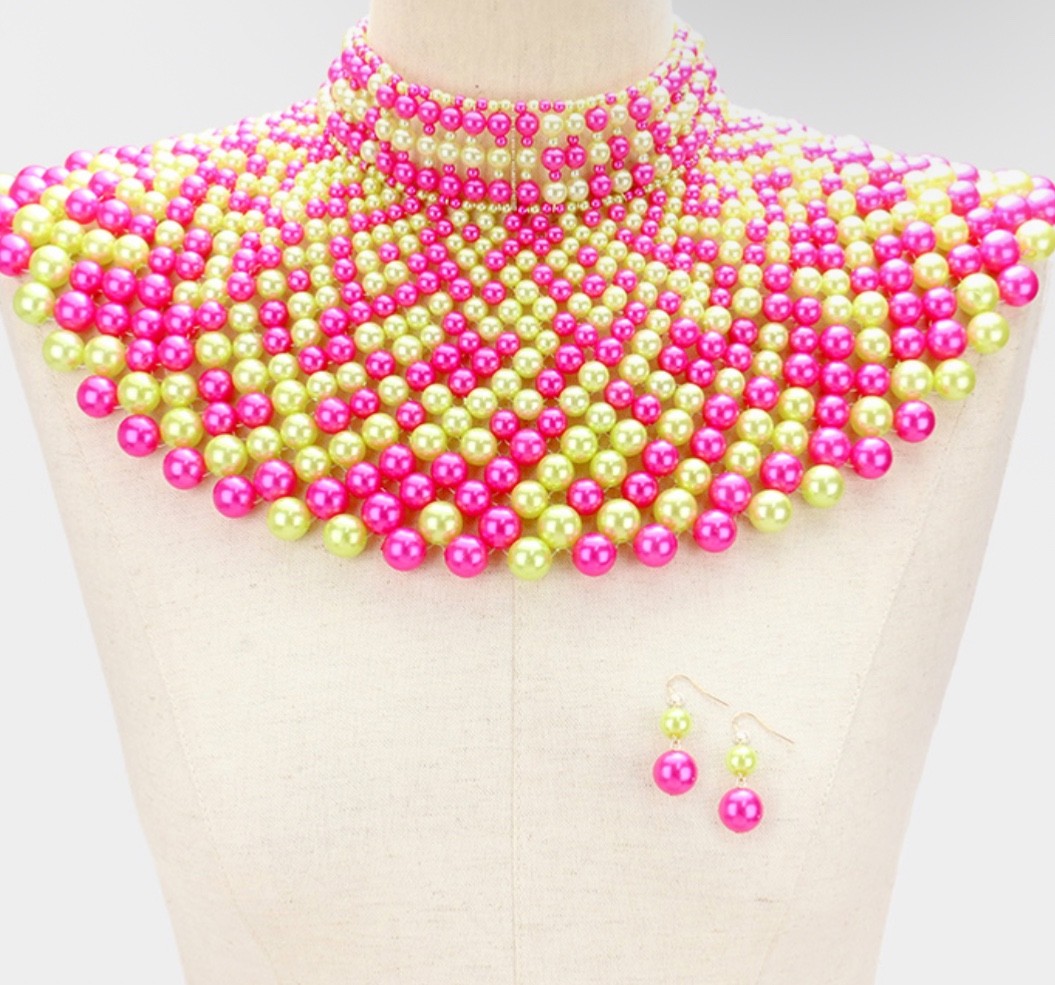 Neon Pink & Lime Green Faux Pearl Statement Bib Necklace & Earrings Jewelry Set