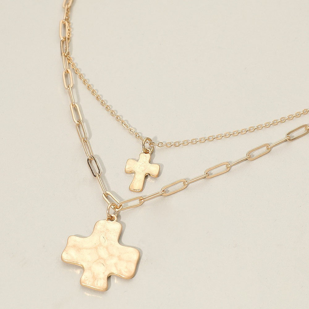 2 Pcs Hammered Metal Cross Pendant Accent Double Layered Necklace for Women Gold