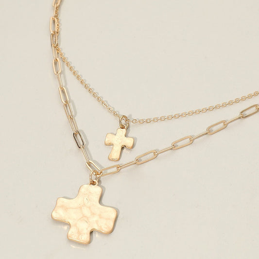2 Pcs Hammered Metal Cross Pendant Accent Double Layered Necklace for Women Gold