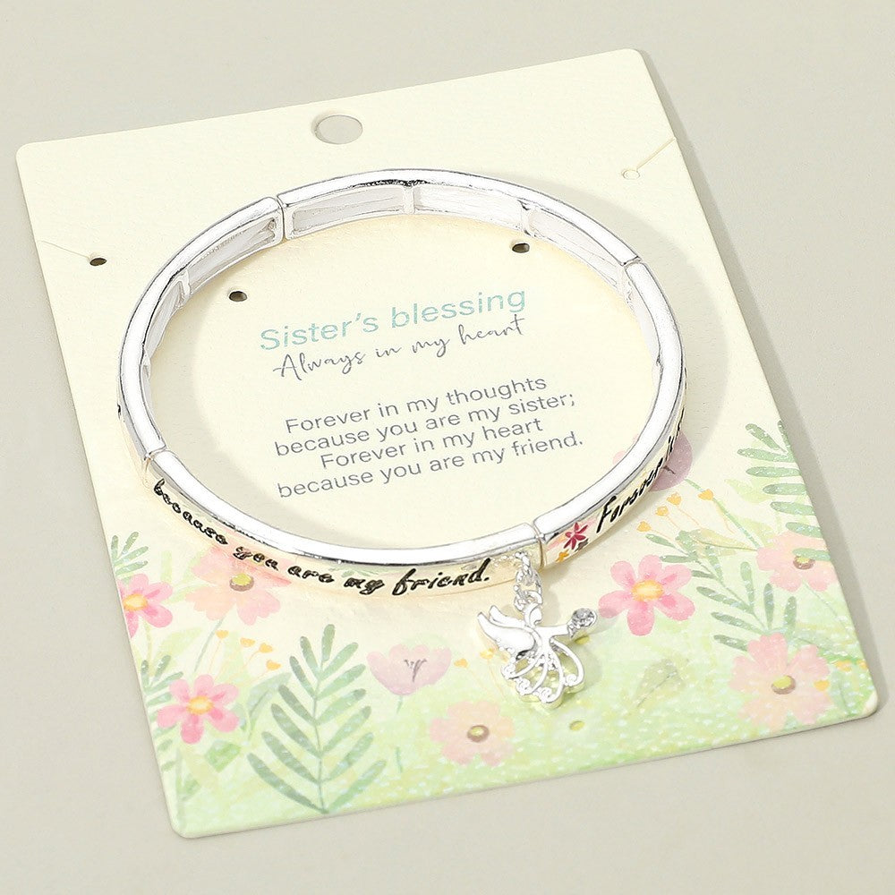 Sister Blessing Angel Charm Stretch Bangle Bracelet Gift for Friend Sister