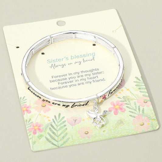 Sister Blessing Angel Charm Stretch Bangle Bracelet Gift for Friend Sister