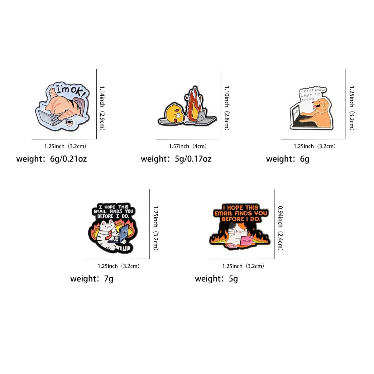5Pcs Sarcastic Enamel Pin Set Office Work Humor Cat Dog Email Laptop Coworker Gi