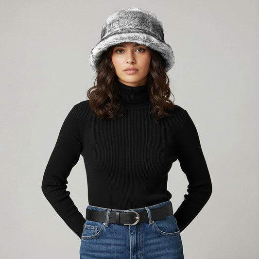 One Size Soft Plush Faux Fur Winter Bucket Hat for Women White Black Marbled