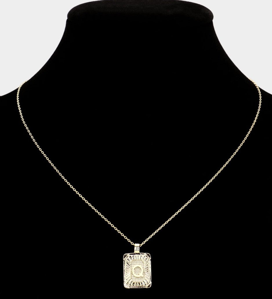 Gold Initial "Q" Rectangular Sunburst Pendant Necklace - Brass Fashion Jewelry