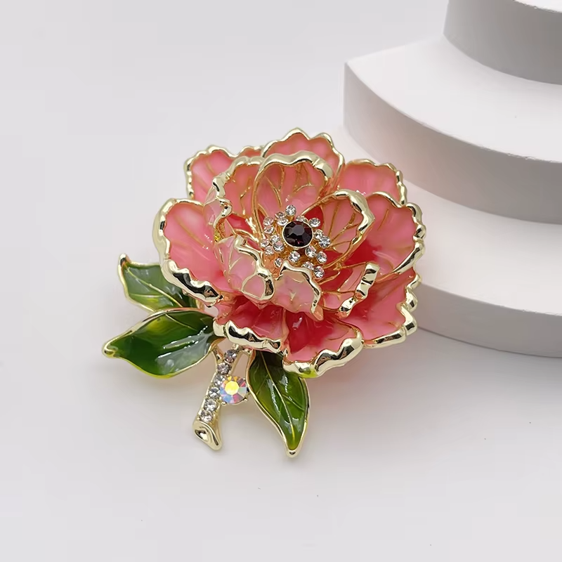 Elegant Large Pink Peony Flower Brooch Pin Gold Tone & Rhinestone Jewelry