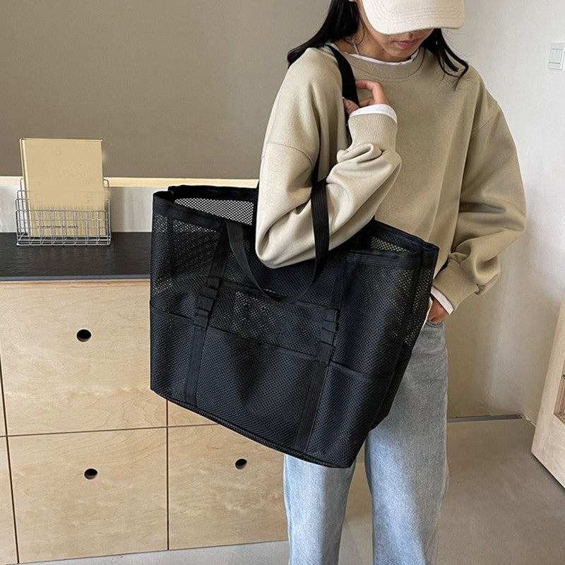 Extra Large Mesh Tote Bag Black Shoulder Beach Gym Travel Organizer Pockets