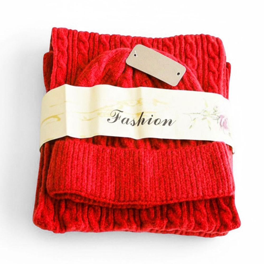 Cozy Cable Knit Scarf Beanie Set Winter Hat Warm Acrylic Polyester Red
