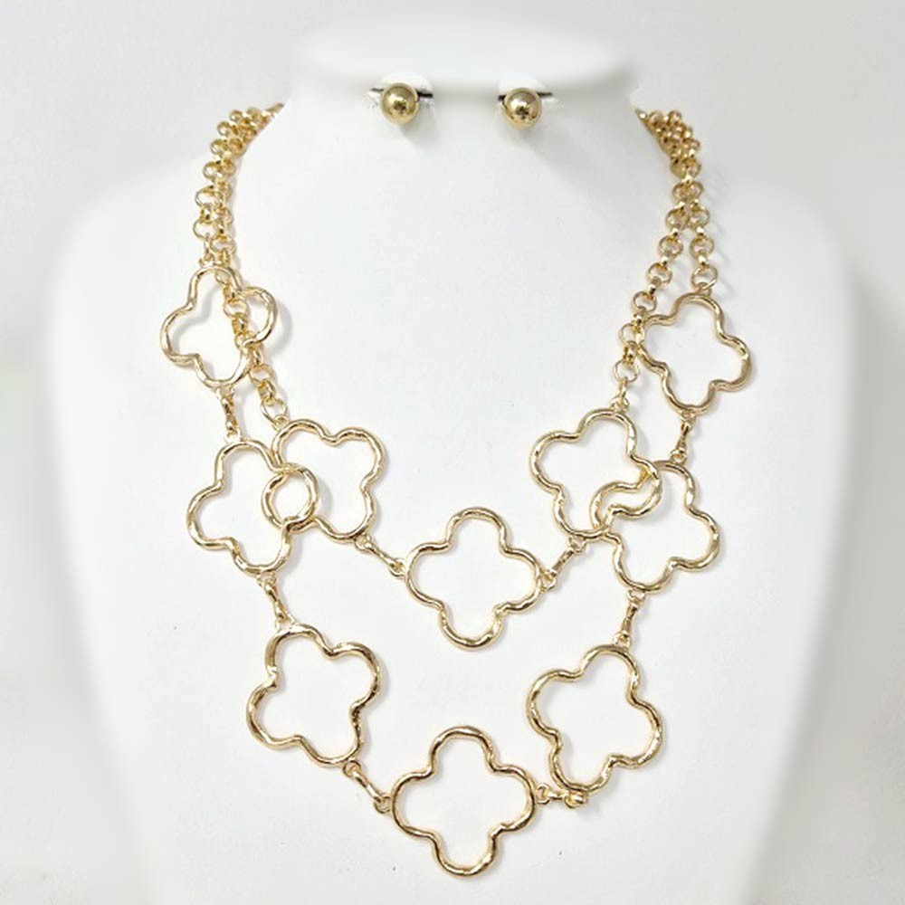 2pcs Gold Tone Double Layer Clover Cutout Statement Necklace Earring Set