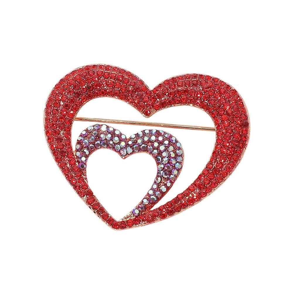 2pc Red & Silver Rhinestone Double Heart Brooch Pins Interlocking Jewelry Set