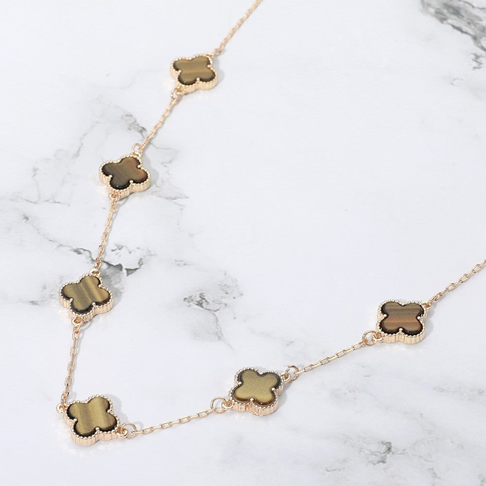 Tiger's Eye Clover Station Necklace  Gold Tone Long Chain Statement Jewelry