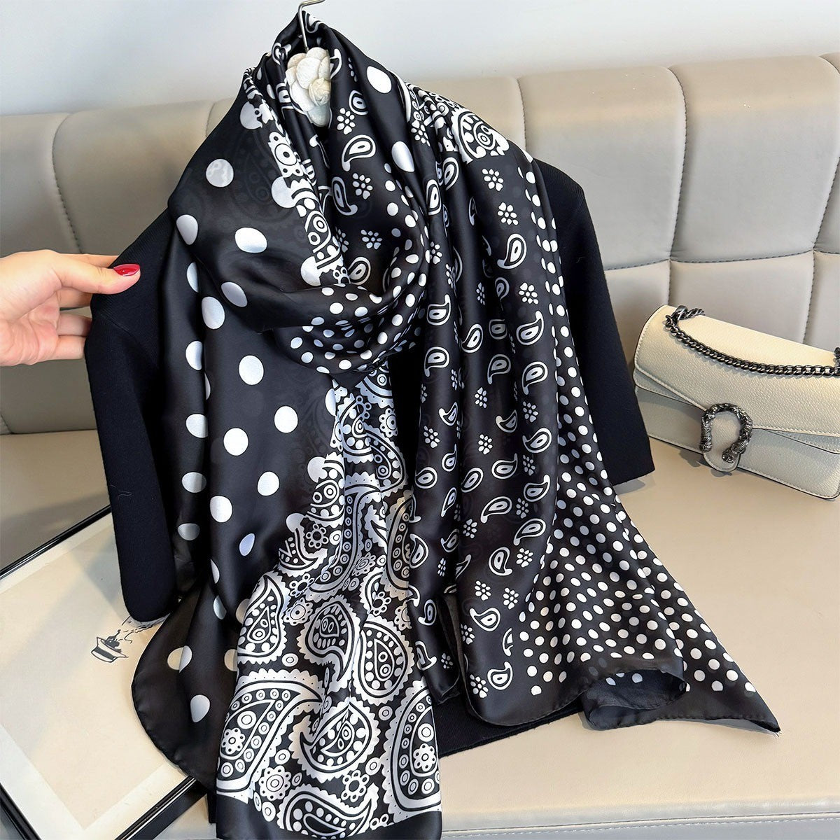 Black White Polka Dot Paisley Patchwork Silk Feel Scarf Shawl Wrap