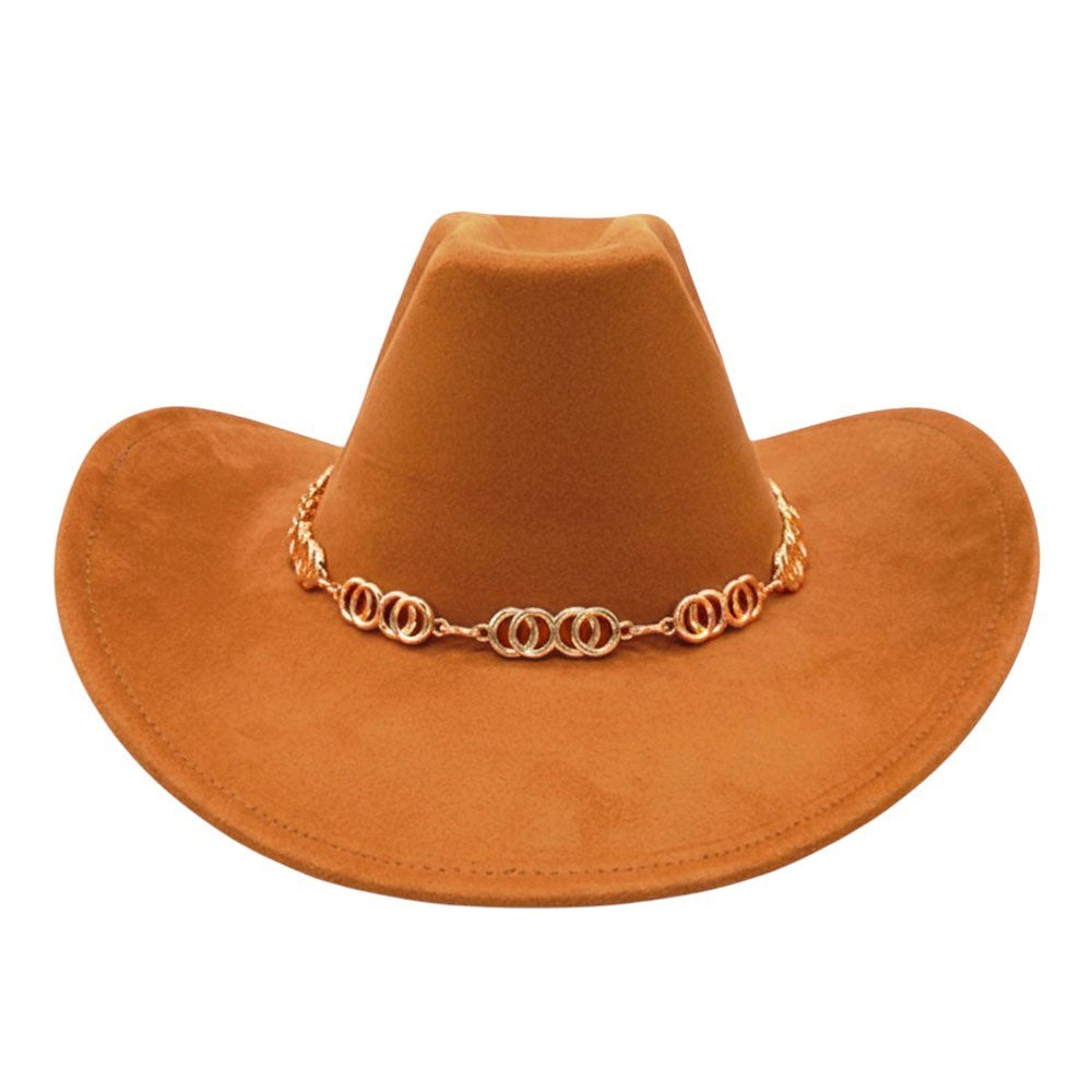 Tan Felt Western Cowboy Hat w/ Gold Chain Band Women’s Fashion One Size