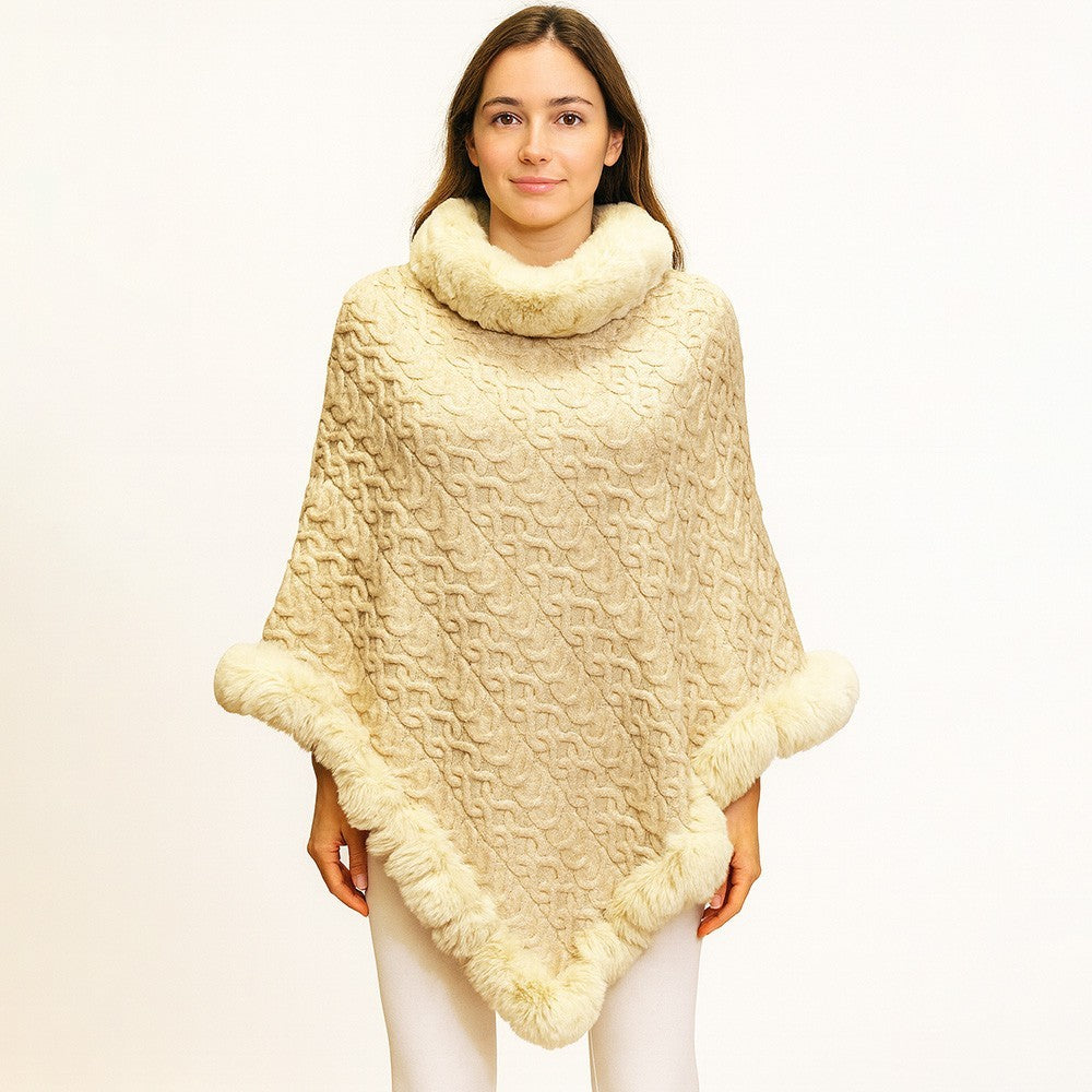 Textured Faux Fur Trim Cape Poncho Soft Warm Fashionable Outerwear for Women