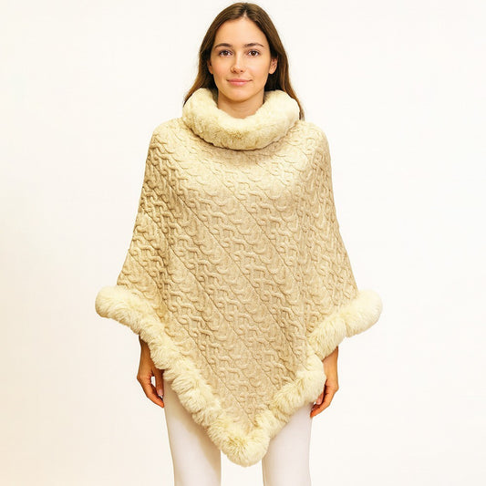 Textured Faux Fur Trim Cape Poncho Soft Warm Fashionable Outerwear for Women