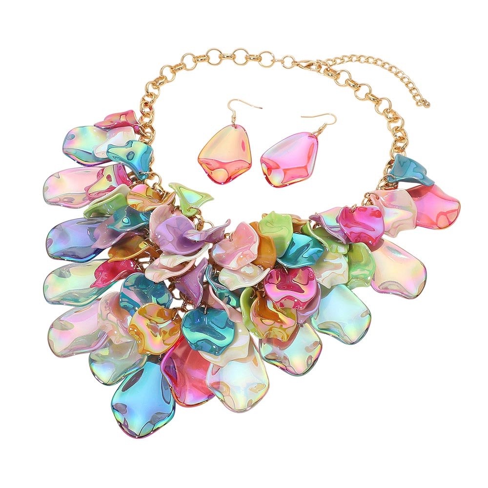 Iridescent Colorful Petal Statement Necklace Bold Bib Jewelry Piece