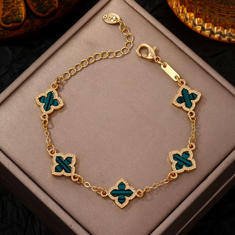 5pc Clover Bracelet Set Gold Tone Enamel Charm Good Luck Holiday Gift Women