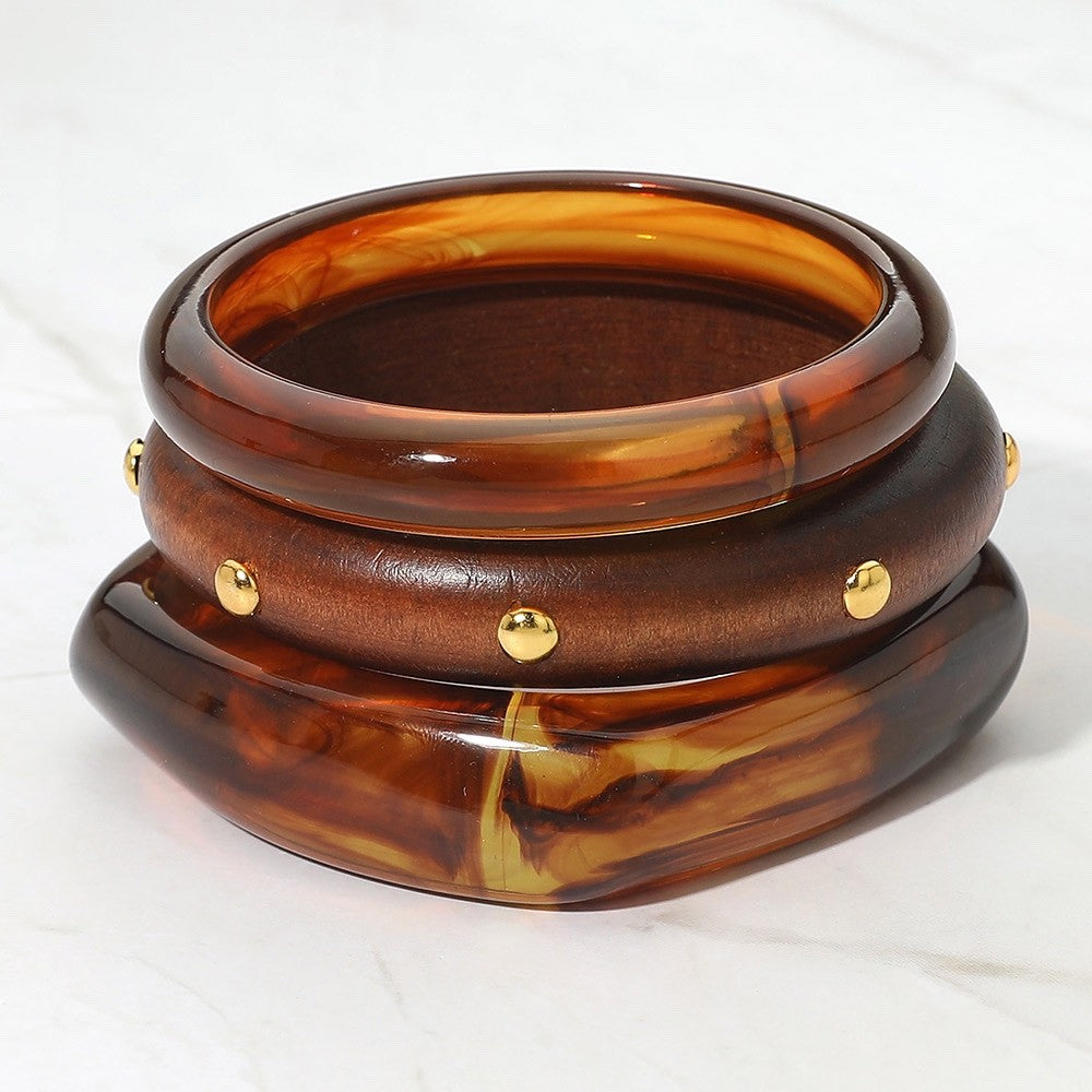 3pc Tortoise Shell Resin & Gold Studded Wood Bangle Bracelet Stack Set