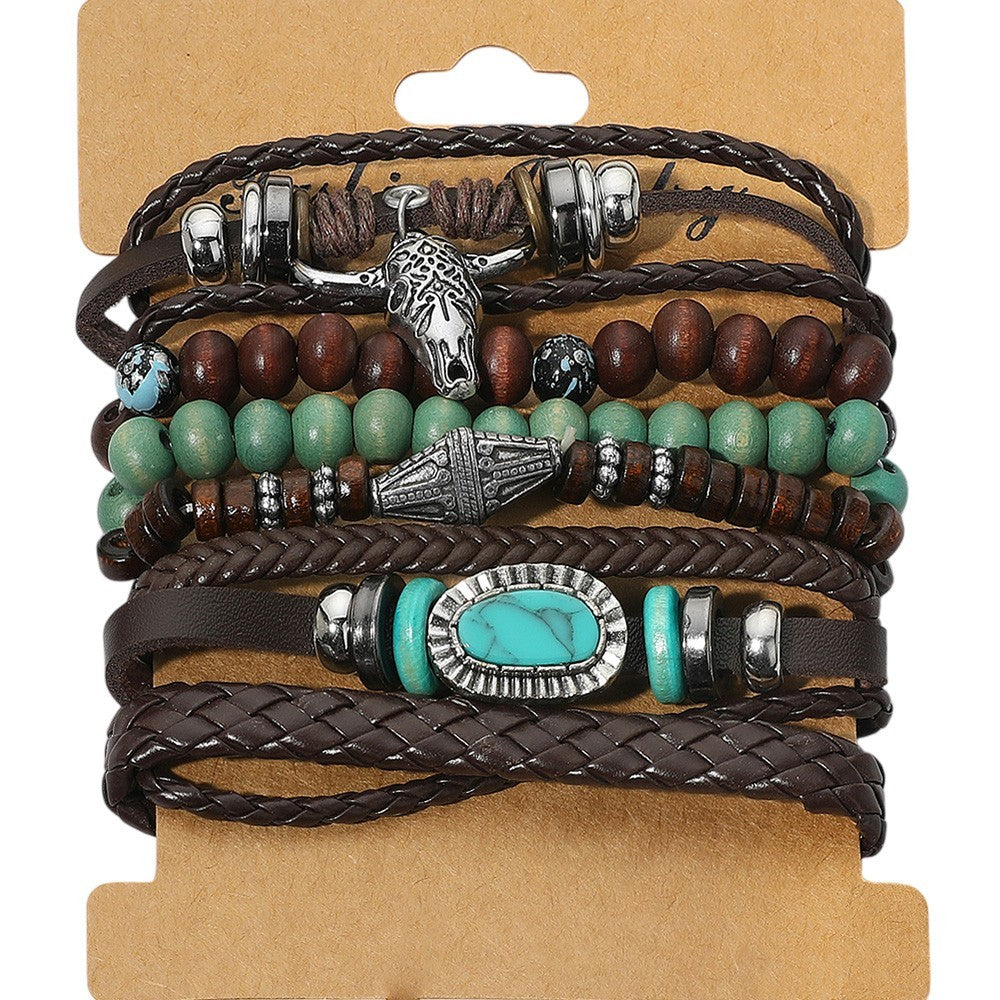 Men's Boho Bracelet Set | 6PC Leather Rope Western Bull Skull Bangle