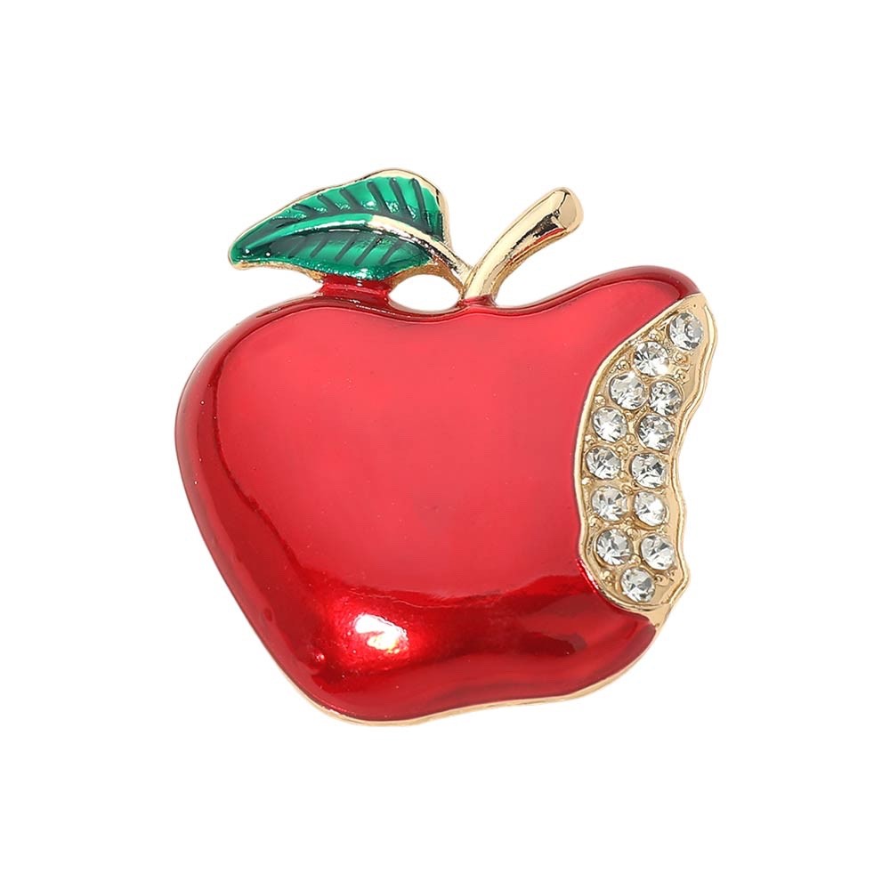 2pcs Red Enamel Bitten Apple Brooch with Rhinestone Accent Gold Tone Fruit Pin
