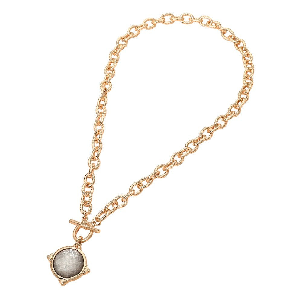 Gold Tone Rope Chain Toggle Necklace with Grey Stone Round Pendant 18 Inches