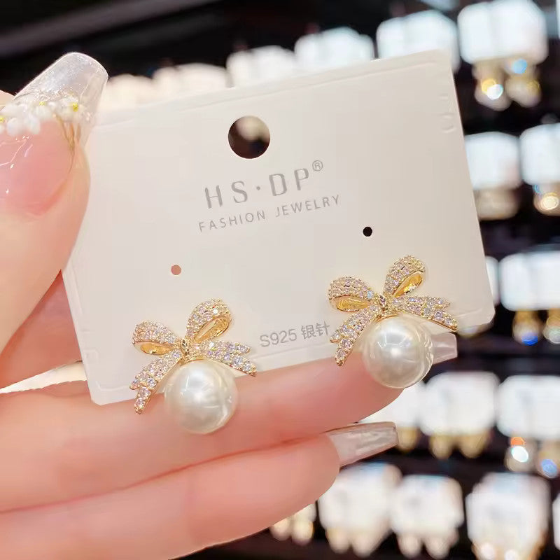 Sparkling Rhinestone Bow Faux Pearl Stud Earrings Fashion Jewelry for Women