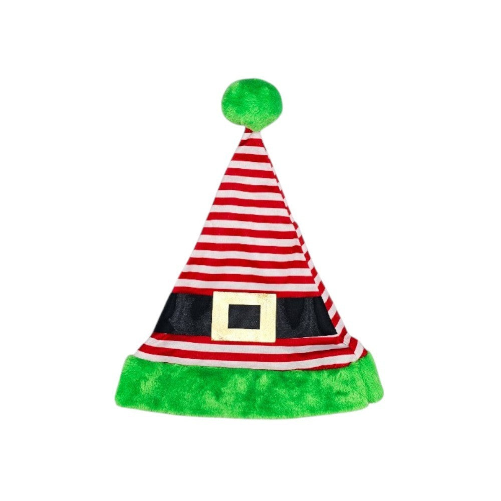 3-Pack Jolly Striped Christmas Elf Hats with Green Trim & Belt Buckle Trio
